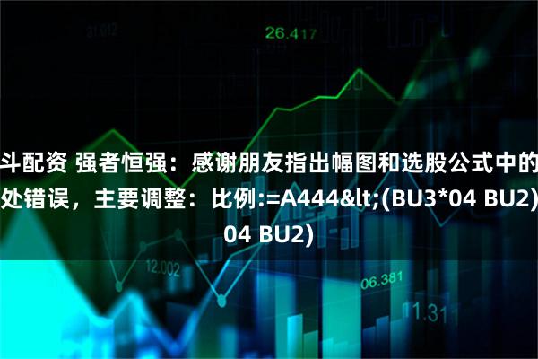 日斗配资 强者恒强：感谢朋友指出幅图和选股公式中的一处错误，主要调整：比例:=A444<(BU3*04 BU2)
